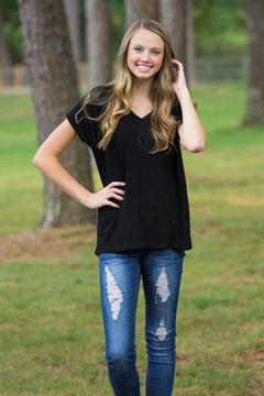 The Perfect Piko Rolled Short Sleeve V-Neck Top-Black