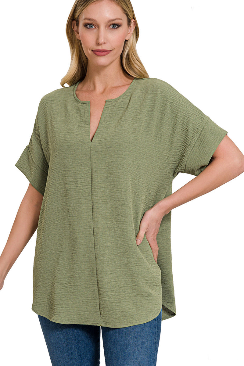 Zenana - Woven Split Neck Air Flow Top – Simply Dixie Boutique