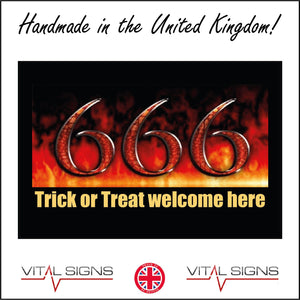 HU223 Trick Or Treat Welcome Here Sign with Number 666