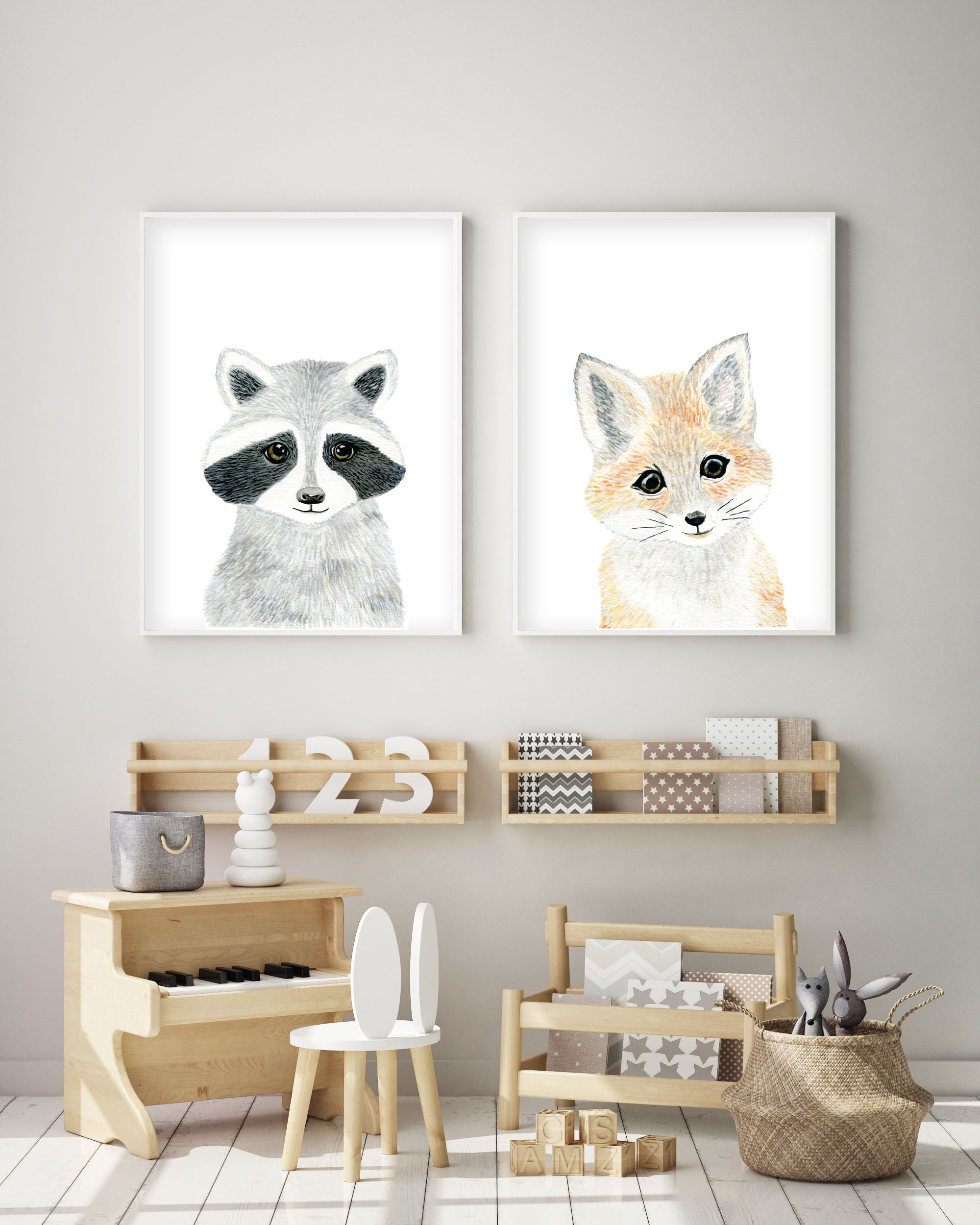 Woodland Nursery Decor. Kids Room Decor. Baby Forest Animals. Art Print.  Bear, Raccoon, Fox, Bunny, Squirrelfly Fishing Art 