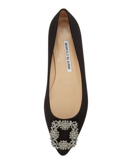 Manolo Blahnik Hangisi Crystal Buckle Satin Flats – Tulerie