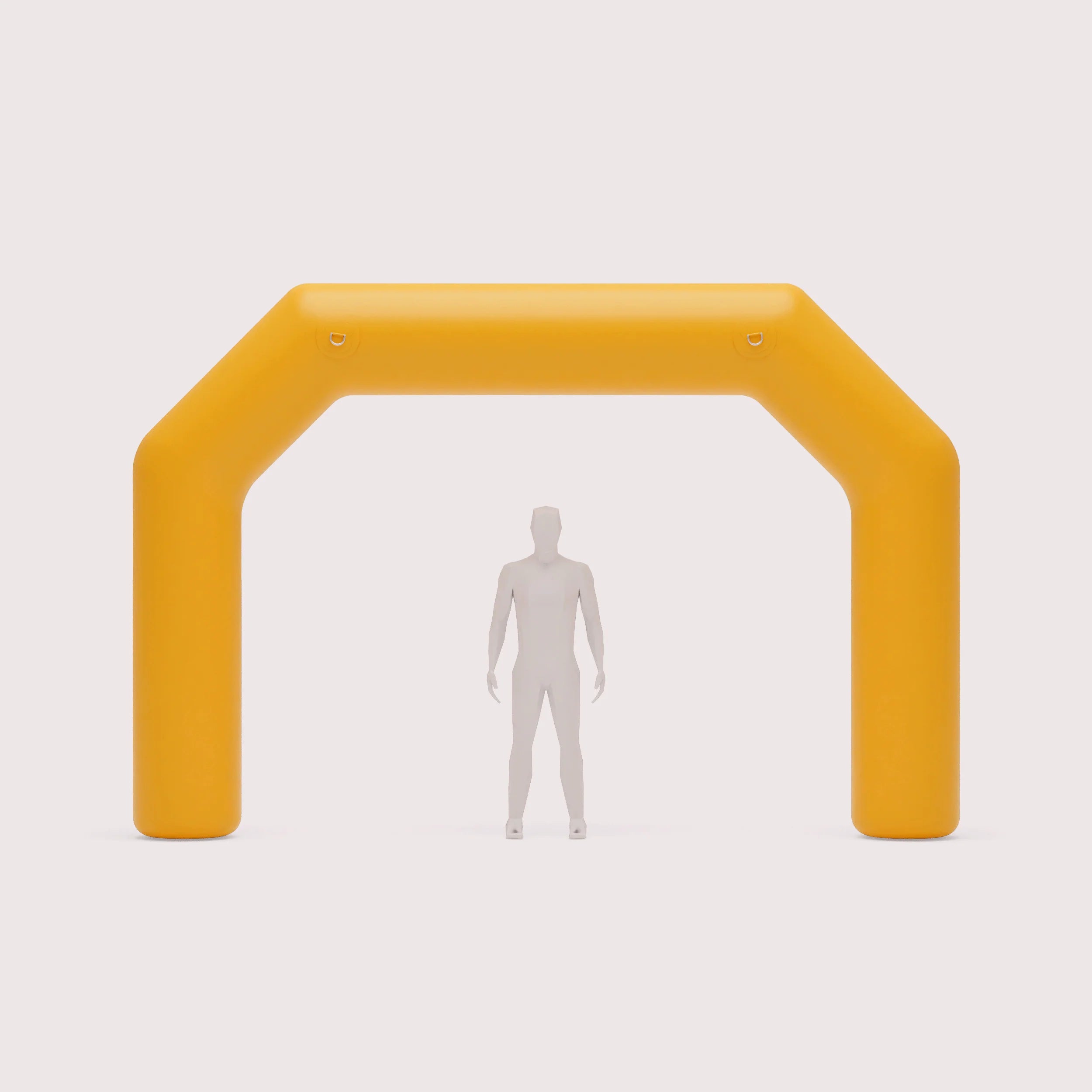 A figure stands under a vibrant yellow inflatable arch, illustrating the scale and simplicity of the structure.