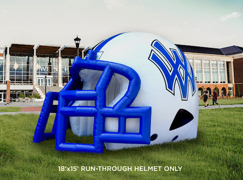 blue and white inflatable football helmet in front of a school