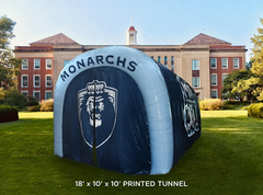 blue curved tunnel with curtain and front logo