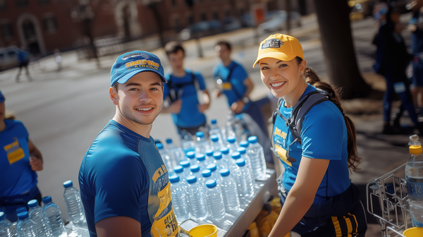 hydration aid station during a marathon with volunteers around the booth