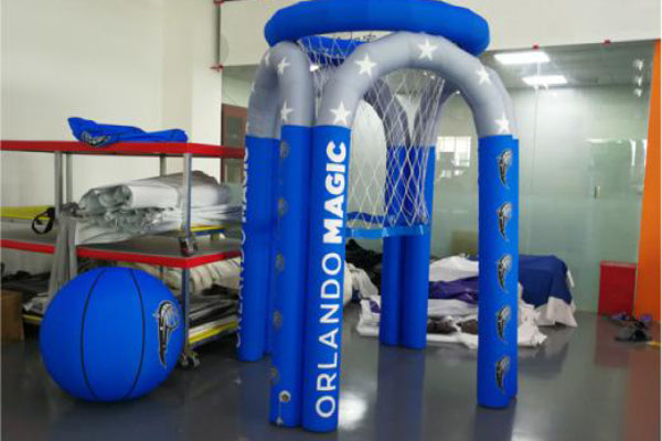 blue and white custom inflatable ball and basket