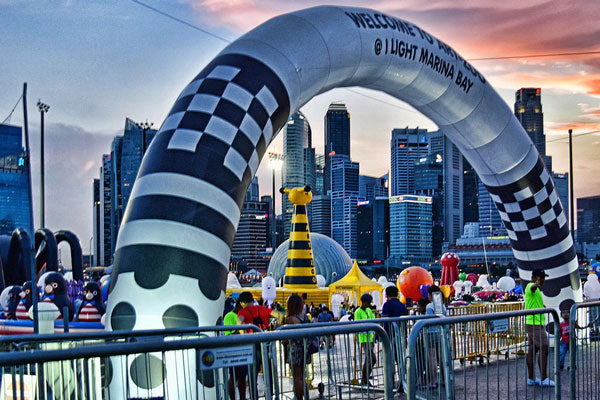 gray and black inflatable arch at theme park entrance