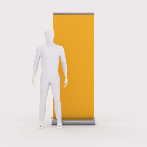 Custom banner next to a human figure, highlighting effective trade show marketing and promotional materials.