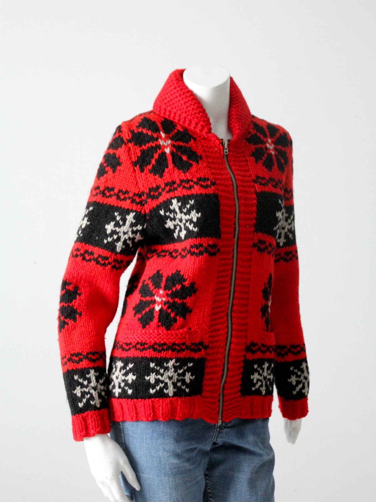 vintage red snowflake cowichan sweater