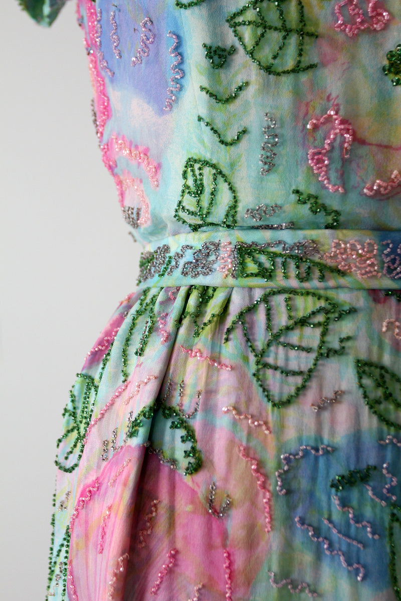 vintage 60s beaded chiffon dress with watercolor print – 86 Vintage