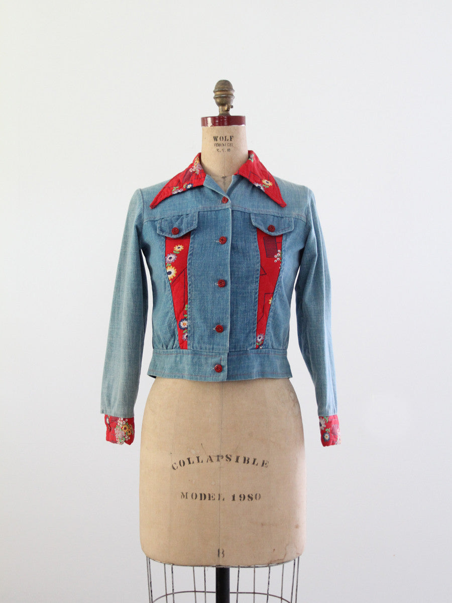 An old-school wool blazer refitted with a patchwork bustier of vintage  denim strips and scraps.⁠ ⁠ #Rentrayage⁠