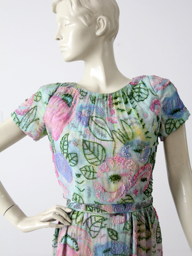 vintage 60s beaded chiffon dress with watercolor print – 86 Vintage