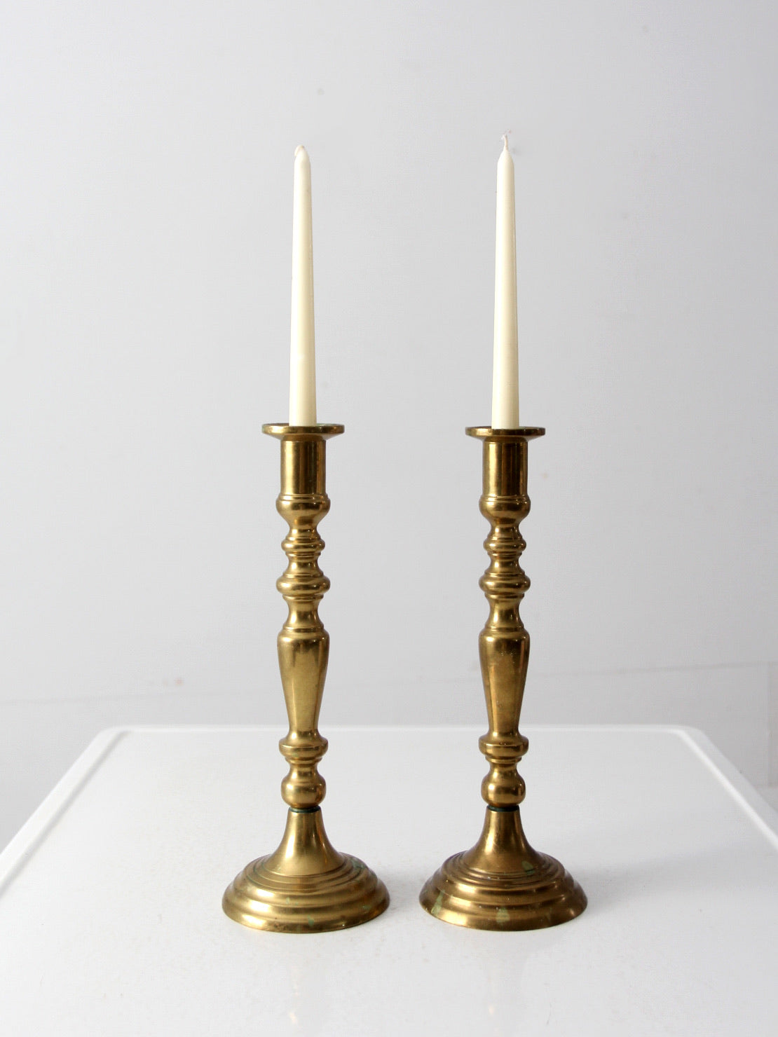 Short Brass Candle Holders, Pair of Small Candleholders, Patina