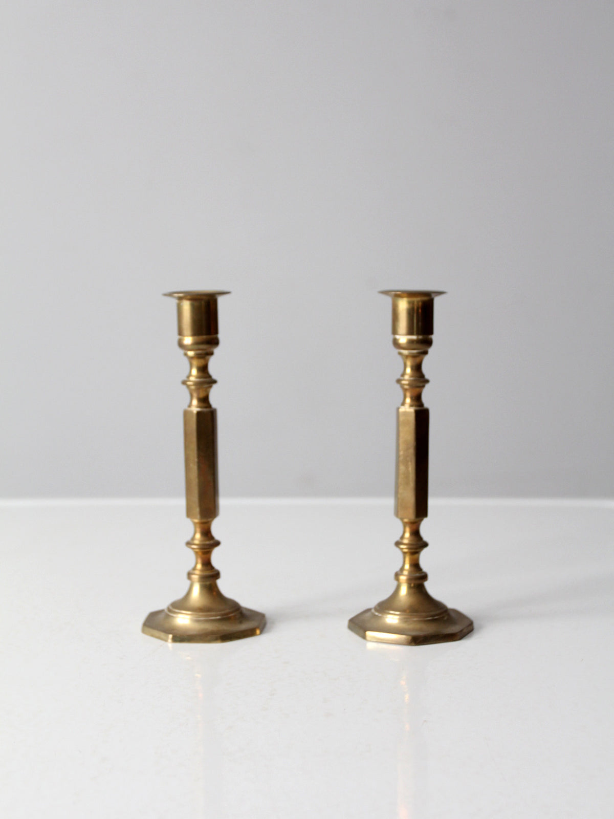 2) Antique Brass Candlesticks (1) Push Up, (1) Finger Candle