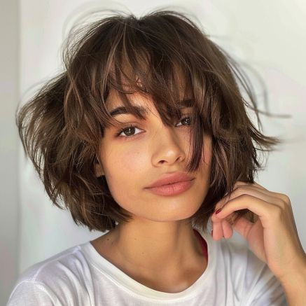 Chin Length Messy Wavy Bob with Bangs