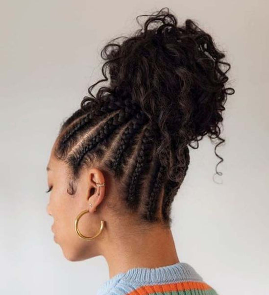 Curly Black Hair Updo with Cornrows