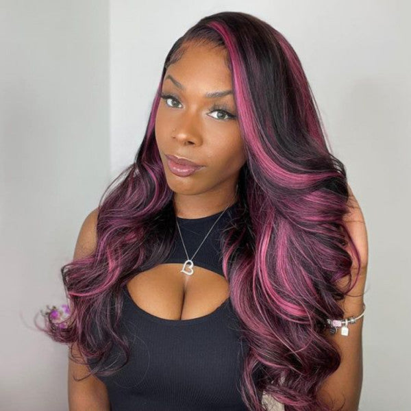 black wig with pink violet highlights