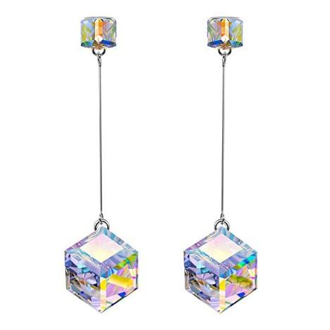 Aurora Borealis Elements Cubed Dangling Earrings in 14K White Gold