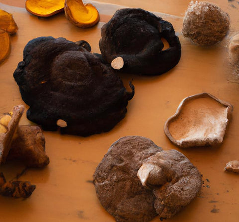 extracts mushroom decoctions reishi lions mane chaga on wooden table - Culinary Solvent