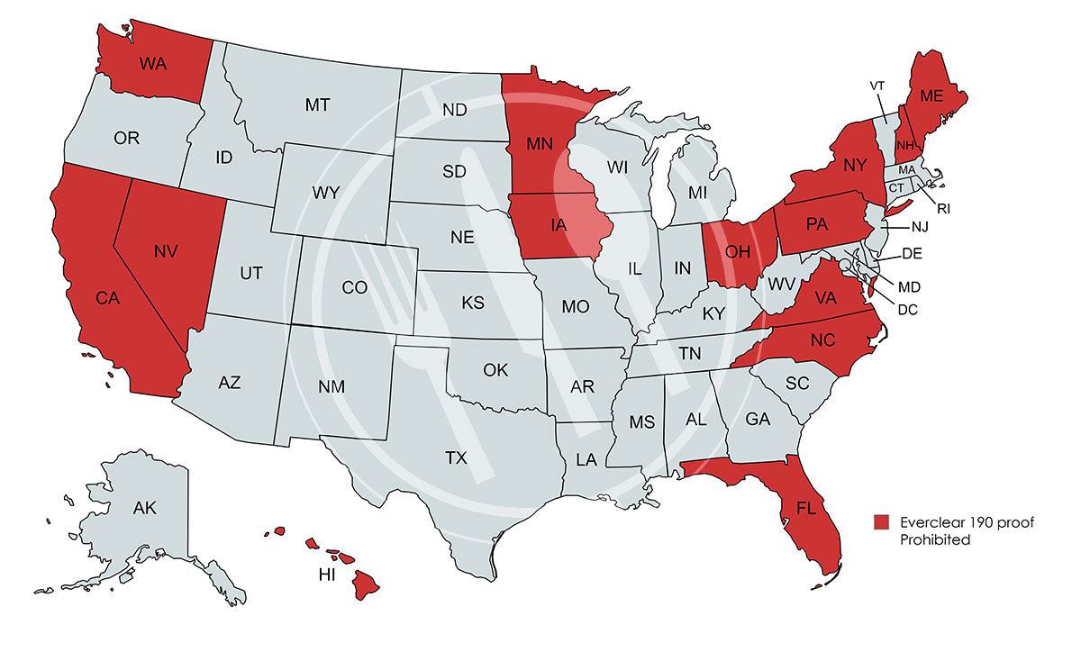 Map of USA showing states in red where Everclear is illegal