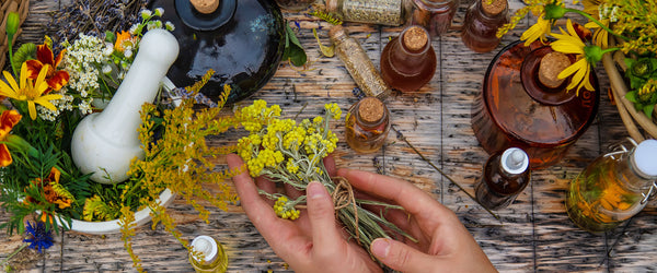 Hands working with botanicals and food grade ethanol to make tincture