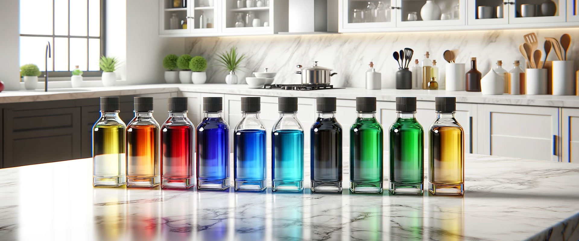 artificial food coloring dye lined up on a kitchen counter