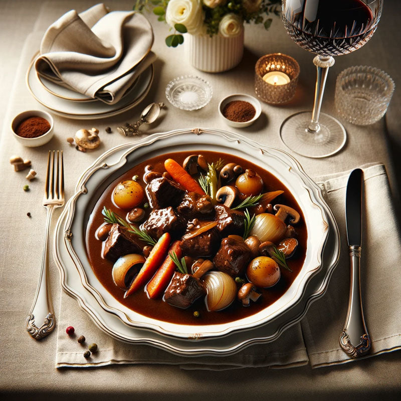 Beef Bourguignon made using food grade alcohol