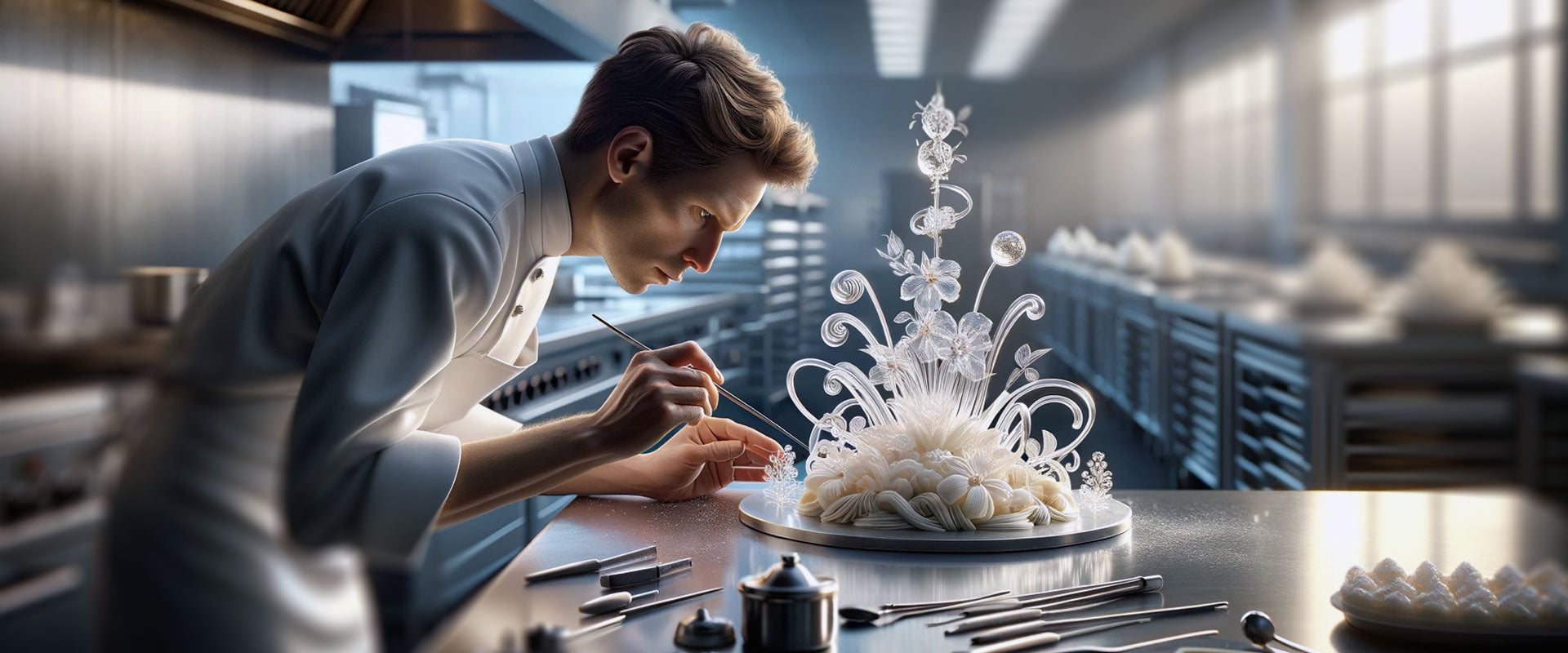 pastry chef working on sugar work edible decorations