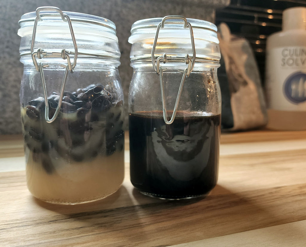 Coffee Extract Recipe Start (left) and Done (right) - Culinary Solvent