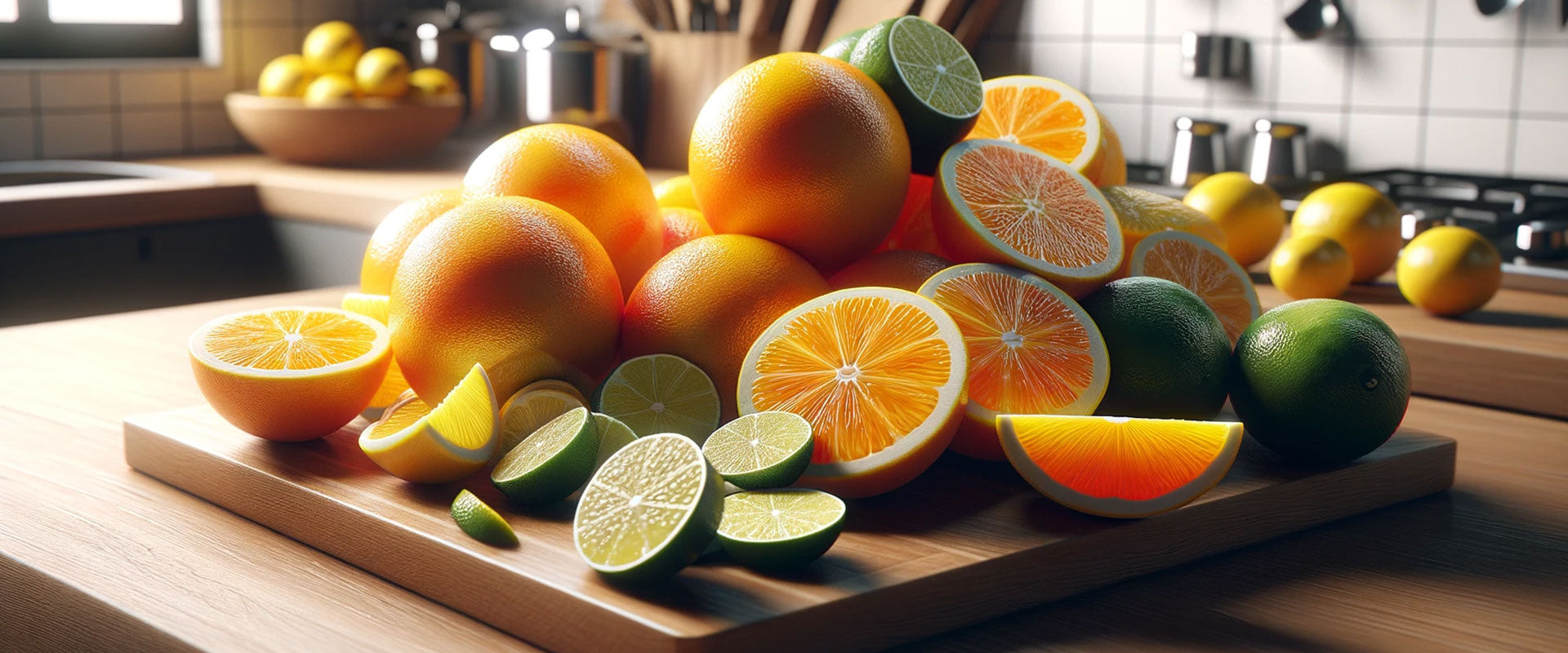 lemons, limes, oranges on a cutting board in a kitchen