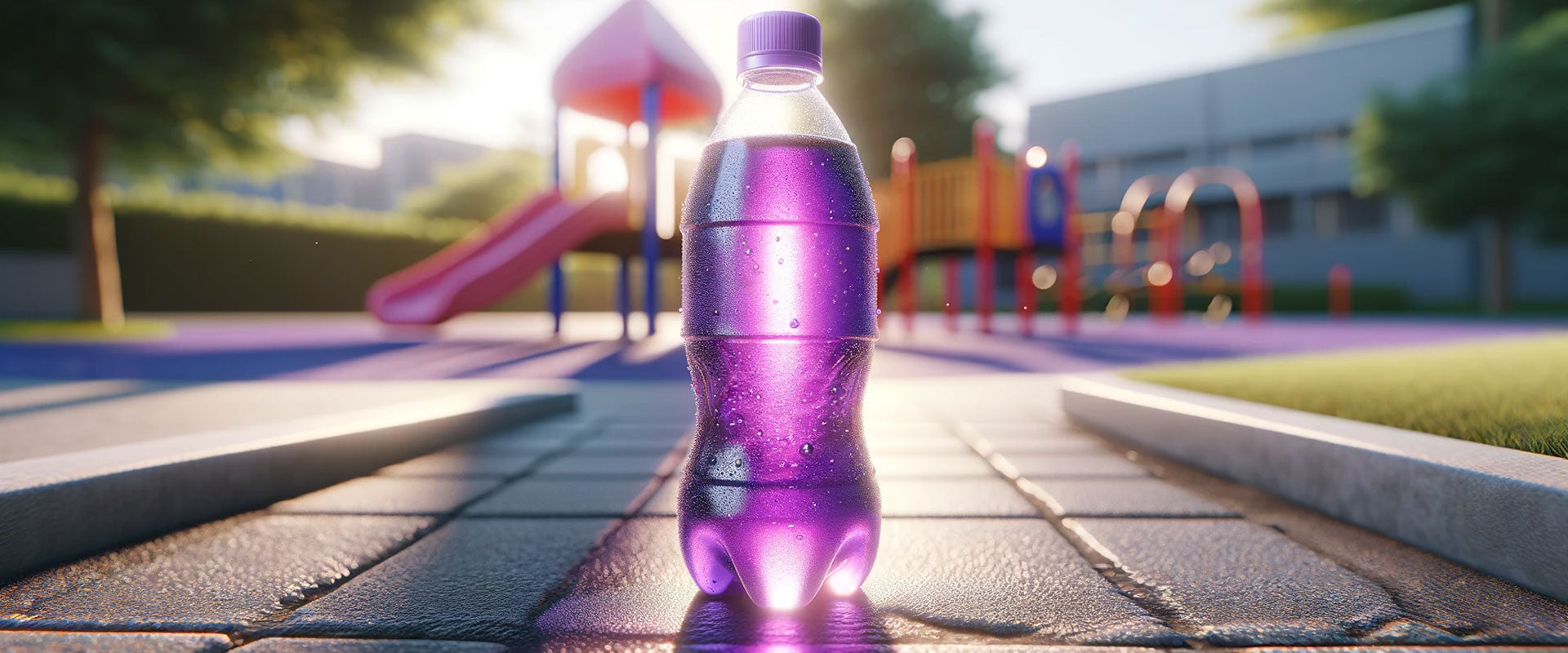 purple food coloring soda bottle on a playground with sun shining through the purple colored liquid