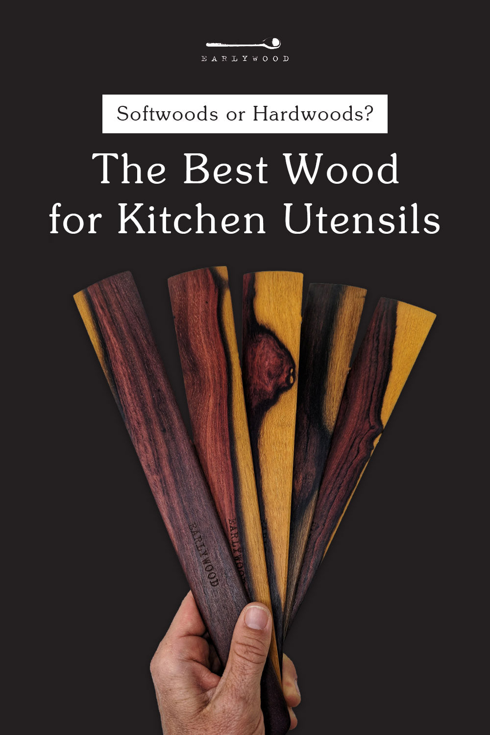 Hand holding flat wooden spatulas with unique patterns