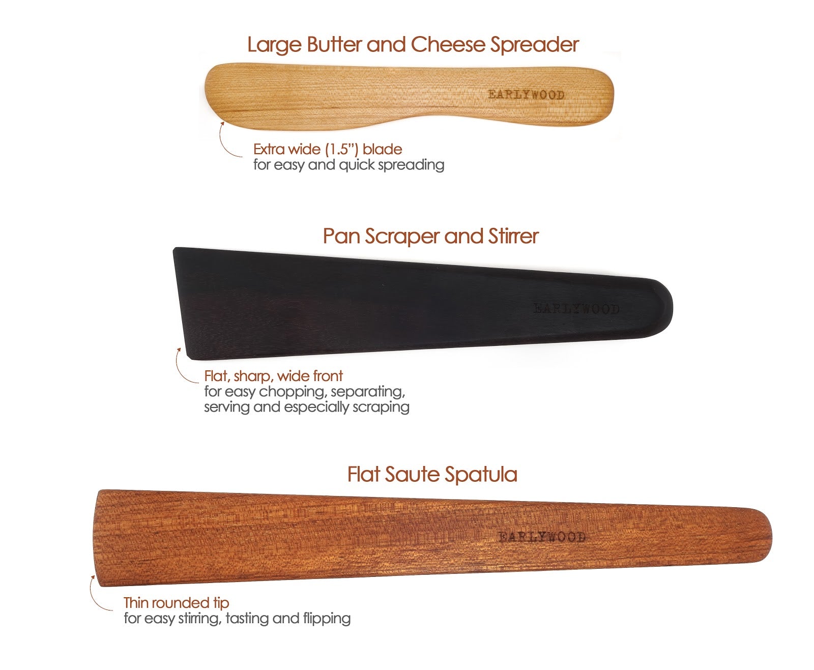 Handmade wooden spatulas in hardwoods