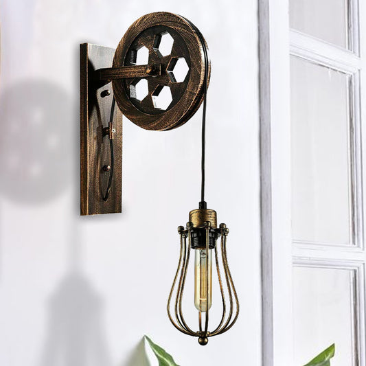 Retro Industrial Pulley Wheel Wall Light Fixture Metal Balloon Cage Shade Indoor Light Fitting~1212