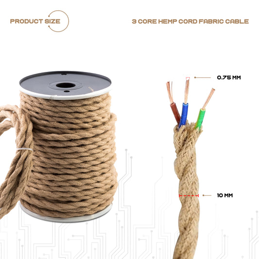 5m 3 Core Twisted Electric Cable Covered Hemp Color Fabric 0.75mm~4831