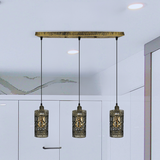 Industrial vintage Retro pendant light 3 way Rectangle DrumCylinder Brushed Brass ceiling base brushed finished~4018