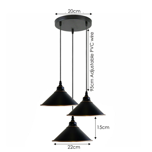 Industrial Vintage Ratio 3 head Round Black cone Ceiling Pendent lights E27 Holder Chandelier~3708 - LEDSone UK Ltd