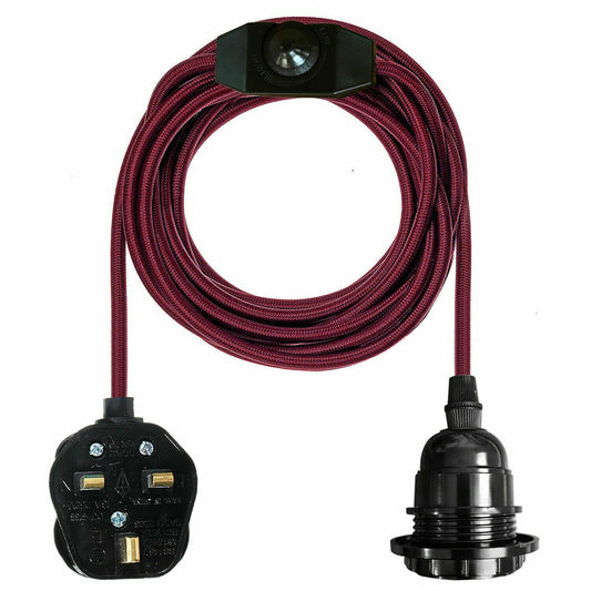4M Fabric Flex Cable UK Burgundy colour Plug In Pendant Lamp Light Set E27 Bulb Holder+ switch~3745 - LEDSone UK Ltd