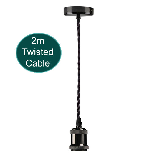 2m Black Twisted Cable Pendant E27 Base Shiny Black Holder~1729 - LEDSone UK Ltd