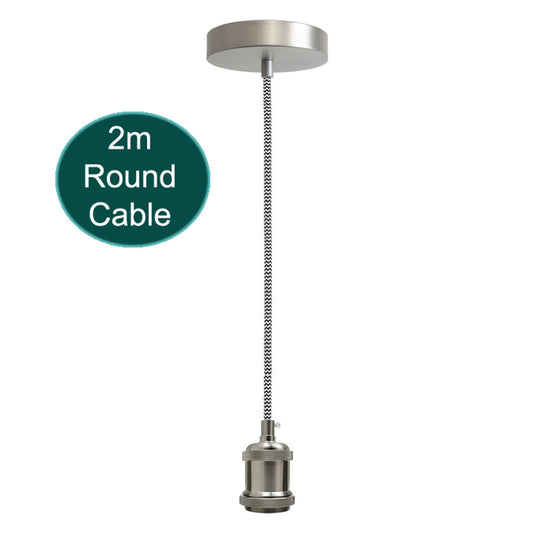 2m Black & White Round Cable E27 Base Satin Nickel Holder~1727 - LEDSone UK Ltd