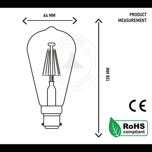 ST64 Bayonet 8W Dimmable Retro Classic LED Filament Bulbs~3208