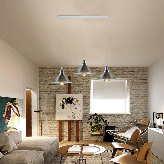 Modern Industrial Satin Nickel Indoor Hanging 3 Way Ceiling Pendant Light Metal Cone Shape Shade For Bar, Bedroom, Dining Room~1178 - LEDSone UK Ltd