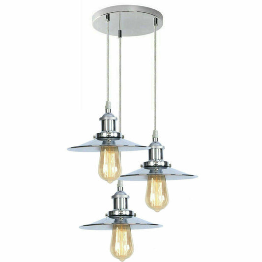 3 Head Pendant Hanging Light Polished Chrome Metal Flat Lamp Shade 1