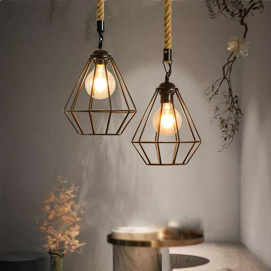 Vintgae E27 Industrial Pendant Retro Cage Edison Hemp Rope Ceiling Light Fixture~2026 - LEDSone UK Ltd