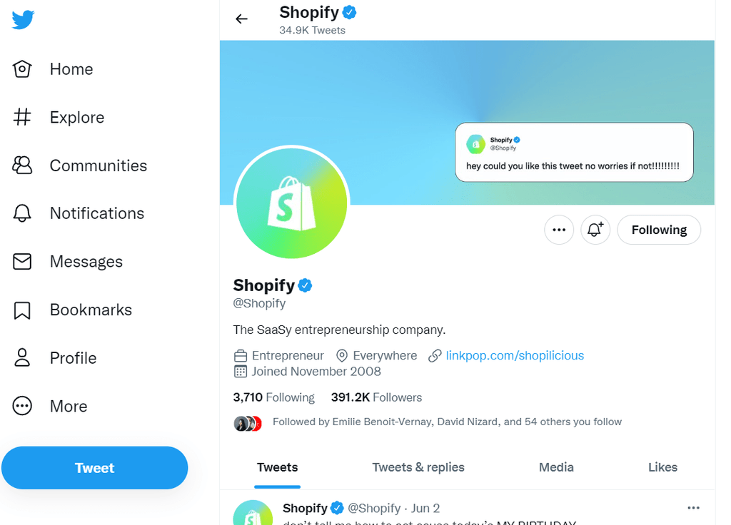 Contacter Shopify sur Twitter