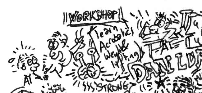al pesso workshop acrobatics weight lifting comics illustration