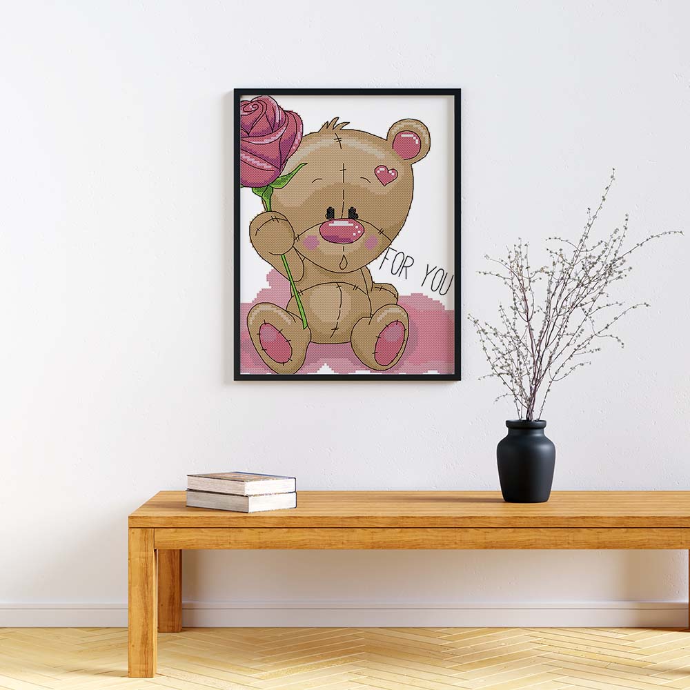 Kreuzstich -  Teddy mit Rose | 30x30 cm - Diy - Fadenkunst