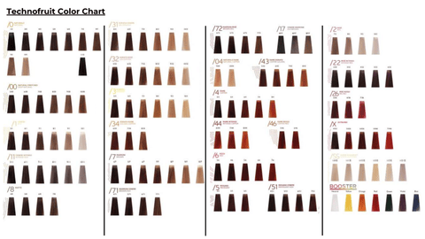 Technofruit Color Chart - 122 Shades of Luxury Italian Hair Color available at Glam Concepts - Denver, CO