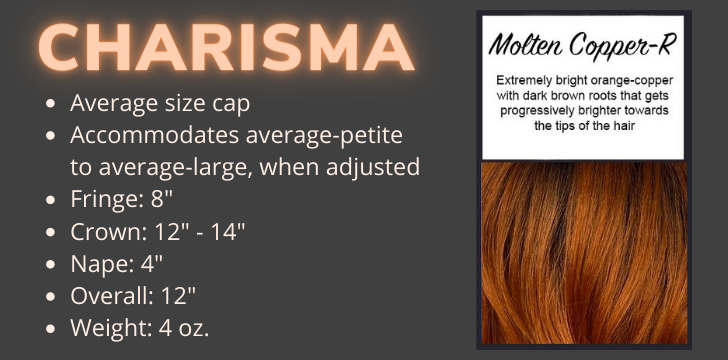 Color swatch and product specifications for the Charisma Wig in the color Molten Copper Rooted by CysterWigs Limited