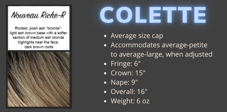 Color swatch and product specifiactions for the Colette Wig in the color Nouveau Riche Rooted by Wigs Forever